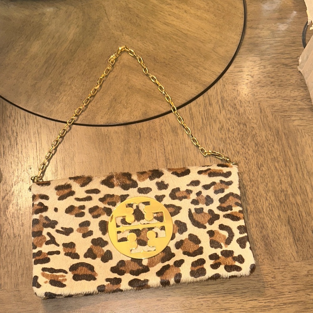 Tory Burch Animal Print Clutch with Gold Accents